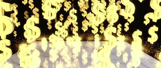 2:35:1 An endless rain of golden dollar signs ($) falling in slow motion inside a black void, glowing with radiant light, subtle reflections on a marble floor, ambient sound implied, wealth symbolism