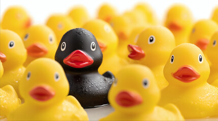 Patito de goma negro entre patitos amarillos sobre fondo blanco