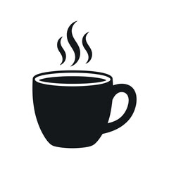 A simple black silhouette of a steaming coffee cup representing a warm beverage or a break for refreshment