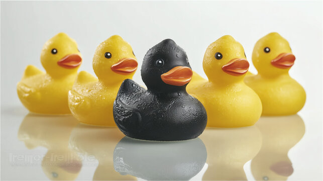 Patito de goma negro entre patitos amarillos sobre fondo blanco