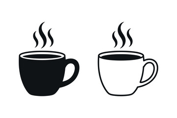 Obraz premium Two stylized cups of hot beverage one solid black and one outlined in black both emitting steam on a white background