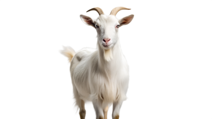 A majestic white goat, its horns elegantly curved, gazes directly at the camera, its beard adding to its distinguished appearance, set against a clean white backdrop isolated on transparent background