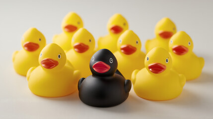Patito de goma negro entre patitos amarillos sobre fondo blanco
