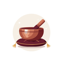 Tibetan singing bowl for meditation on a pillow with a stick resonator in it. Vector image isolated on a transparent background 