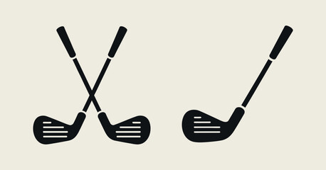 Golf Club Icon Set in Black Silhouette Style Featuring Crossed Clubs and a Single Club Ideal for Sports and Recreation Themed Designs