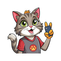 Funny Cat Selfie Vector with Duck Face and Peace Sign on White Background, Cute Kitty Character Illustration for Stickers, Memes, and Social Media Art