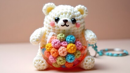 3D teddy bear keychain with colorful bolls on tummy  