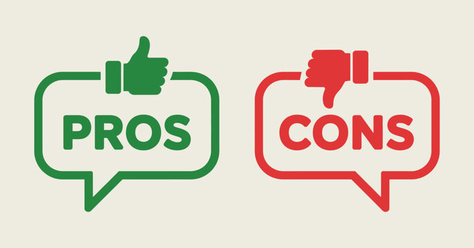 Green thumbs up and red thumbs down icons with the words pros and cons in speech bubbles against a cream background