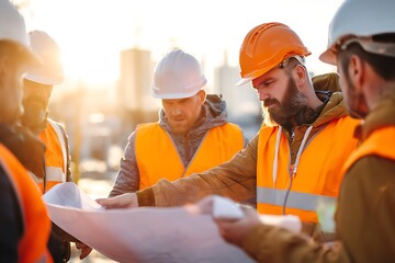 construction workers at work referring to the drawing