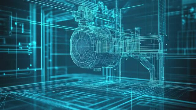Technological illustration of a 3D printer's internal components and mechanics in a futuristic setting