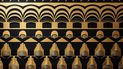 Art Deco pattern repeats in gold on black. Modern geometric design for backgrounds, textiles, web, and graphic design.