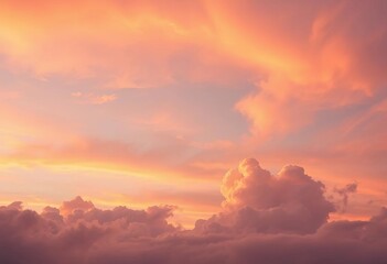 Fototapeta premium Wispy pastel pink, orange, and lavender clouds softly illuminate the sunset sky, heavenly, ethereal