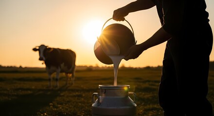 Person pours fresh milk into a metal can outdoors, with a cow grazing in the background during a vibrant sunset on a dairy farm.