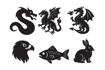Black Silhouette Icons of Dragons, Eagle, Fish, and Rabbit