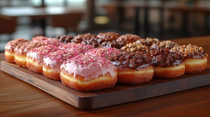 Assorted glazed donuts on wooden tray