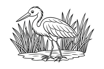Little baby egret wading through water for kids coloring book Vector illustration