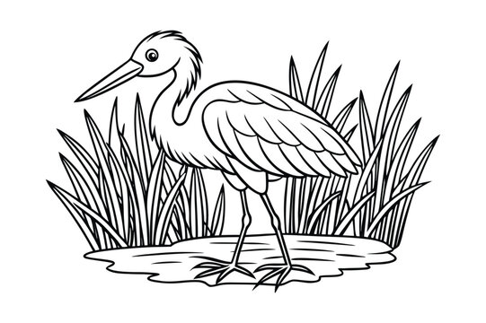 Little baby egret wading through water for kids coloring book Vector illustration