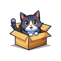 Cute Cat Playing Peekaboo Inside a Cardboard Box Vector Illustration on White Background – Adorable Pet Animal Design for Kids, Stickers, Prints, and Merchandise