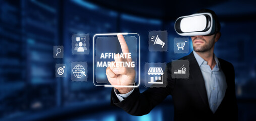 A businessman engaged in affiliate marketing using virtual reality technology in a modern office. The interaction showcases innovative strategies and digital tools. XDMCP