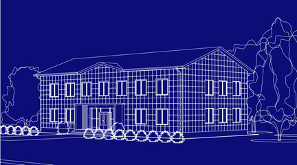 Perspective view of the office building. 3d vector illustration isolated on blueprint.
