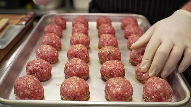 A silver baking sheet filled with rows of uncooked meatballs ready for the oven or cooking pan
