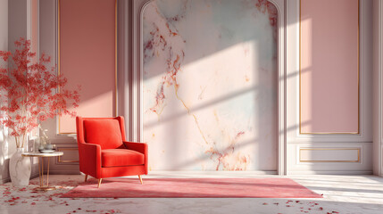 Sala elegante con sillón rosa y decoración floral en tonos cálidos