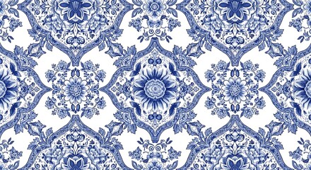 Intricate Blue Floral Damask Pattern Textile Design Elegant Vintage Wallpaper Art
