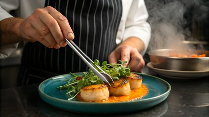 Professional Chef Plating Gourmet Scallops in Restaurant Kitchen