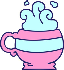hand drawn quirky cartoon hot drink in bright neon color