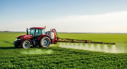 Red farm tractor spraying fertilizers or pesticides across green crop field in countryside, agricultural landscape under sunny sky.