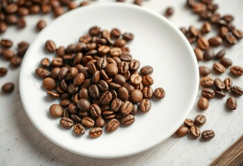 Fototapeta premium Rich brown coffee beans close-up on pristine white plate, background, breakfast