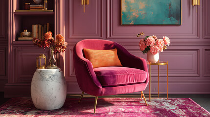 Sala elegante con sillón rosa y decoración floral en tonos cálidos