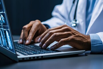 Doctor reviewing X-ray images on a bright computer screen, focused and professional