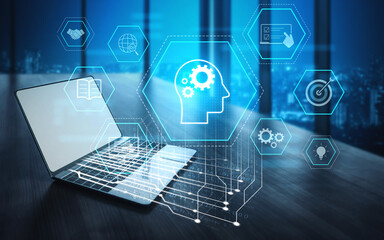 Head with gear and icons representing learning, digital training, and development process, showing...