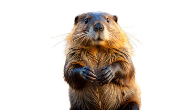 A charming groundhog, with its thick brown fur and endearing expression, sits upright, gazing directly at the camera against a pure white backdrop isolated on transparent background