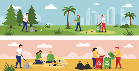 People cleaning forest, beach and city, collecting garbage, recycling waste, promoting sustainability, flat vector illustration for eco-friendly environment.