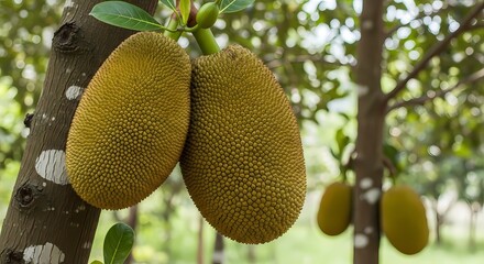 Fresh jackfruit hanging from the tree shows tropical fruit growing in a natural garden setting with beautiful sunlight.