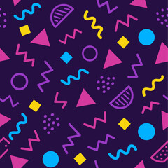 Memphis geometric seamless pattern. Multicolored abstract background. Retro 80s, 90s style. Wallpaper with various shapes: circles, semicircles, dots, zigzags, spirals, wavy lines. Cute kid doodle des