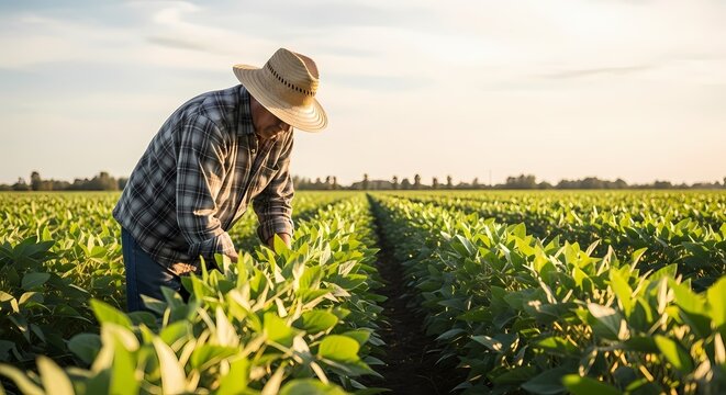 Farmer tending to the soya plants in a vast green agricultural field, ensuring healthy growth and a bountiful harvest