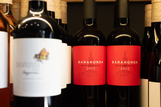 Bottles of Spain wine Barahonda featuring bright red labels with Monastrell 2023 close up on wine shelf. Ukraine, Zhytomyr, July, 09, 2025
