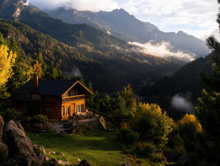 A cozy wooden chalet nestled on a sunny green slope, surrounded by pine trees and majestic snow-covered mountain peaks in the distance. Morning mist rises from the valley, and golden light bathes the 