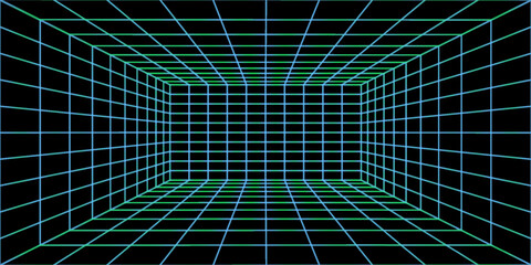 3D wireframe room on green background. Abstract perspective grid. Vector illustration.