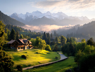 A cozy wooden chalet nestled on a sunny green slope, surrounded by pine trees and majestic snow-covered mountain peaks in the distance. Morning mist rises from the valley, and golden light bathes the 