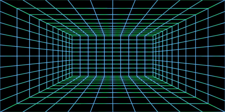 3D wireframe room on green background. Abstract perspective grid. Vector illustration.
