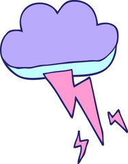 cartoon doodle thundercloud and lightning in bright neon color