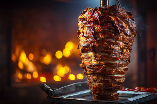 Fototapeta Juicy shawarma rotating on a spit in front of burning embers
