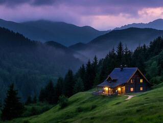 A cozy wooden chalet nestled on a sunny green slope, surrounded by pine trees and majestic snow-covered mountain peaks in the distance. Morning mist rises from the valley, and golden light bathes the 