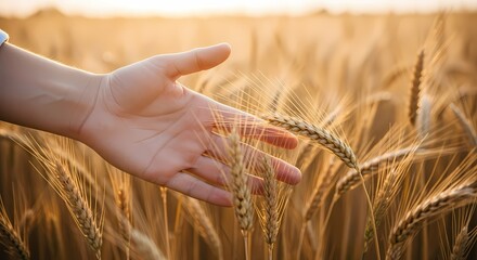 A gentle touch on a wheat field conveys peace and nature's abundance with golden light and a human hand in a serene scene.