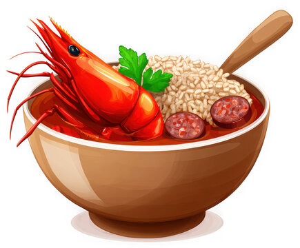 Delicious shrimp and sausage gumbo in a bowl isolated on transparent background