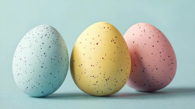 Three pastel-colored eggs with speckled patterns, in hues of yellow and pink. A vibrant and festive Easter decoration.